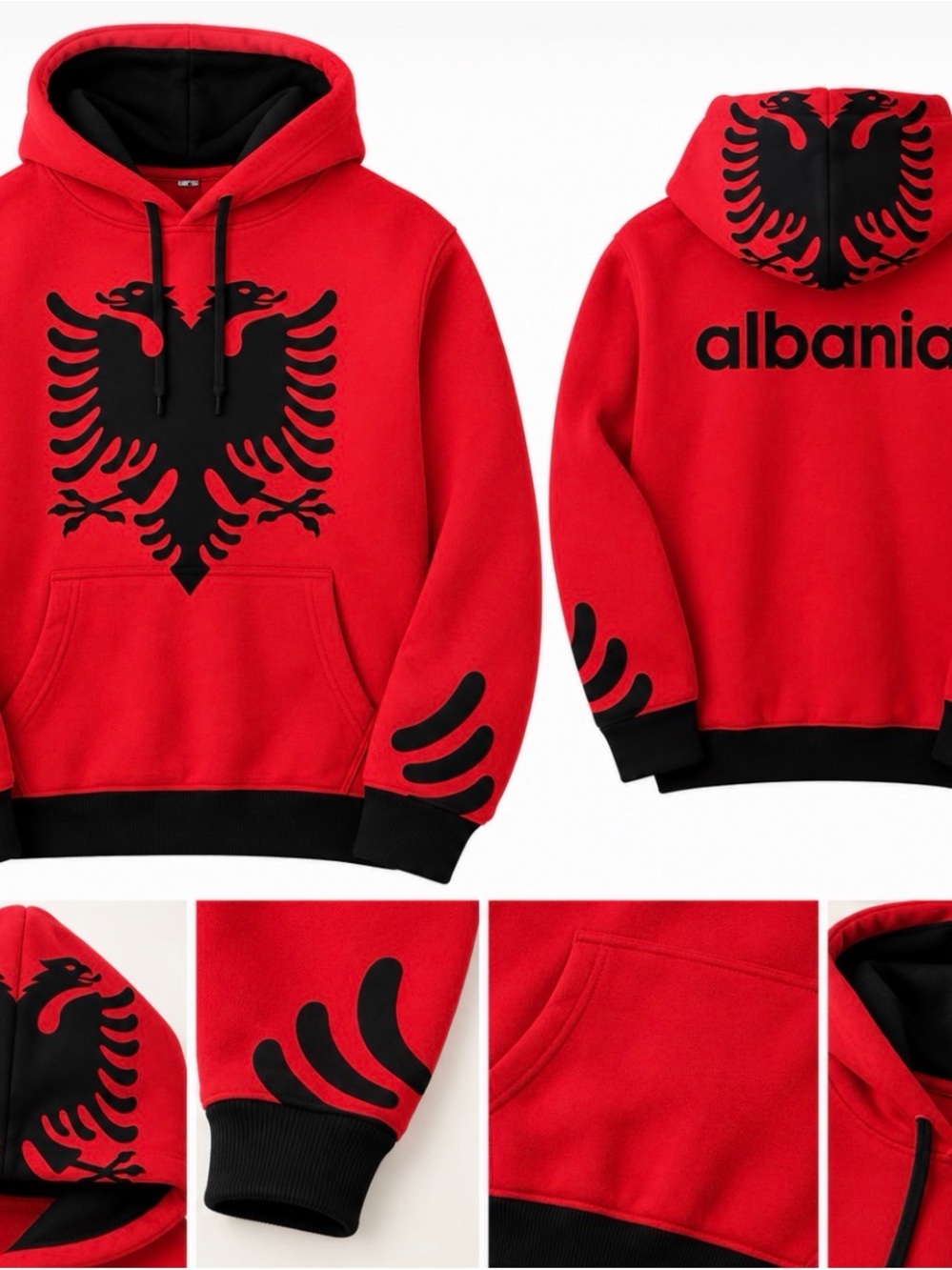 Source Unknown Red Hoodie with Black Albanian Eagle Graphic